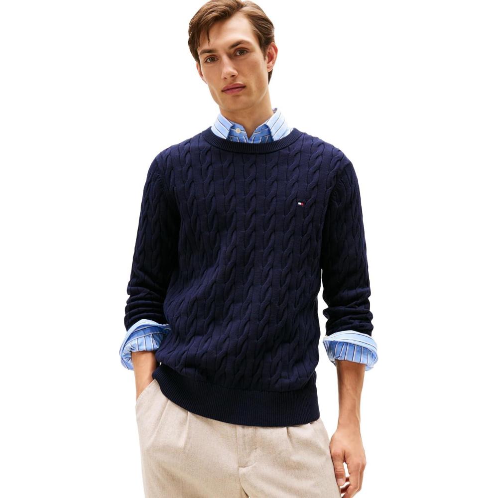 imageTommy Hilfiger Mens Cable Knit Crewneck Sweater Lightweight PulloverDesert Sky