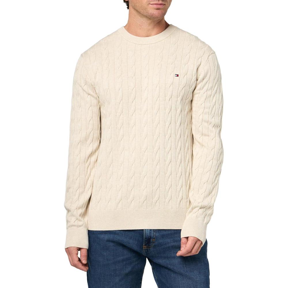 imageTommy Hilfiger Mens Cable Knit Crewneck Sweater Lightweight PulloverHeathered Oatmilk