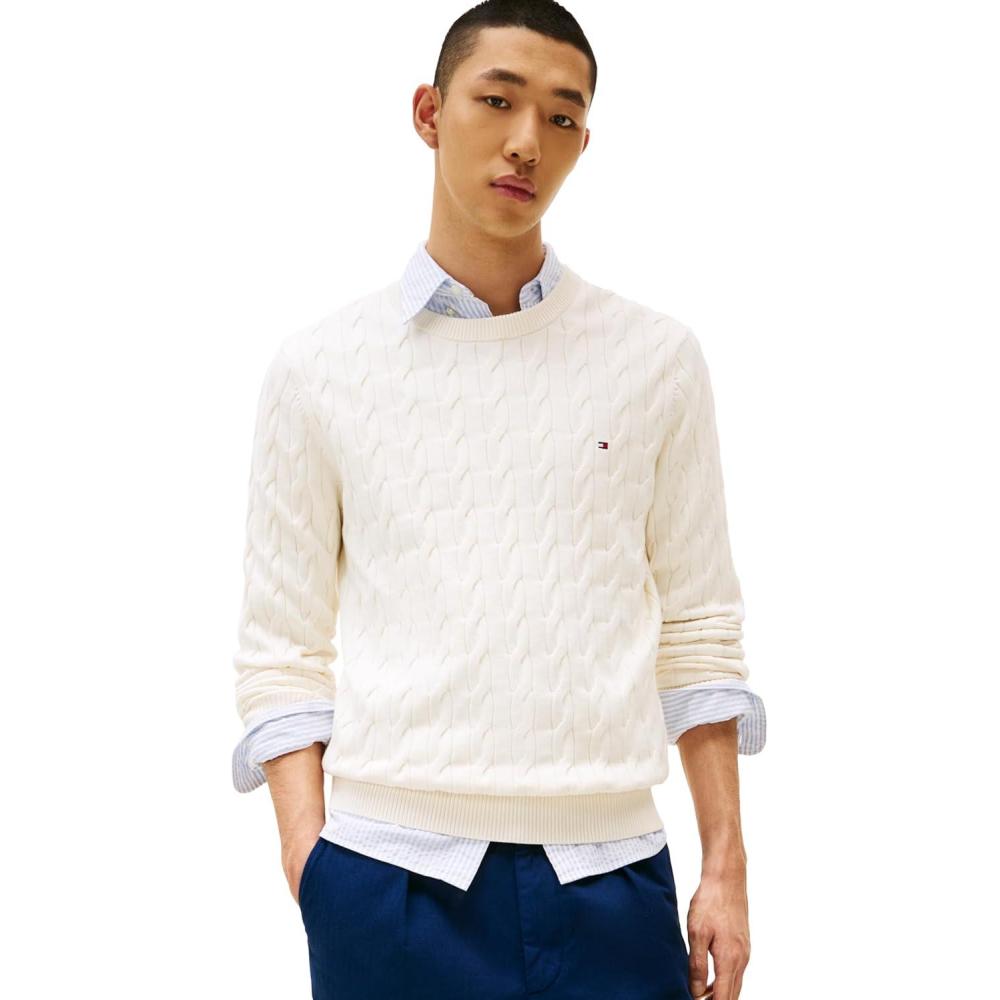 imageTommy Hilfiger Mens Cable Knit Crewneck Sweater Lightweight PulloverIvory Petal