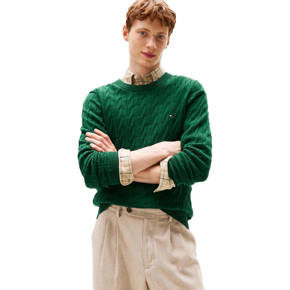 imageTommy Hilfiger Mens Cable Knit Crewneck Sweater Lightweight PulloverOrnamental Green