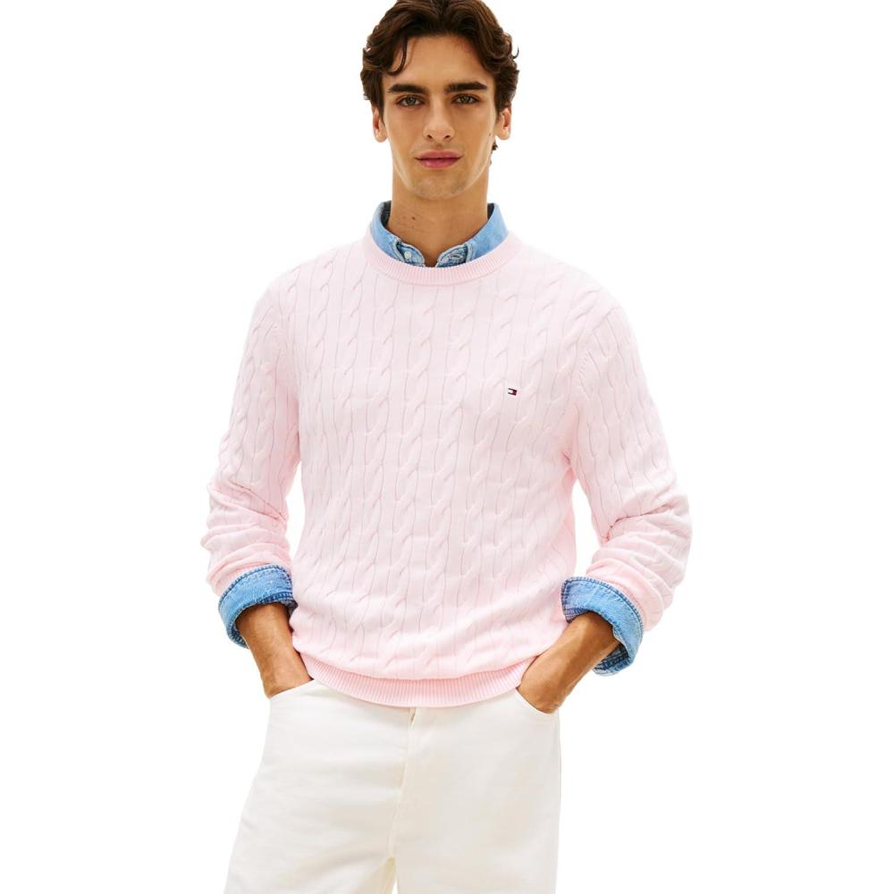 imageTommy Hilfiger Mens Cable Knit Crewneck Sweater Lightweight PulloverPink Lily