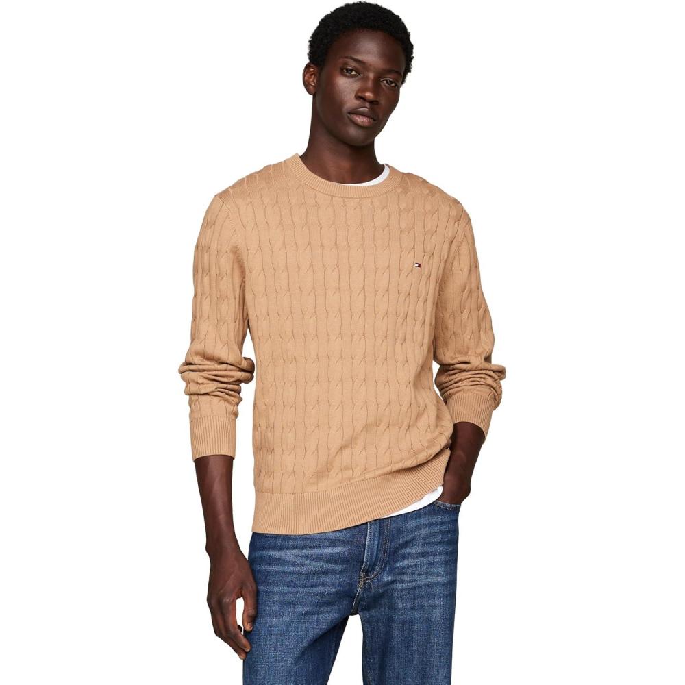 imageTommy Hilfiger Mens Cable Knit Crewneck Sweater Lightweight PulloverSafari Canvas