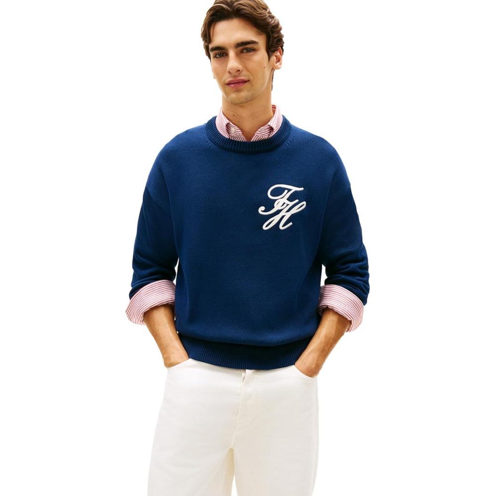 imageTommy Hilfiger Mens Cotton Crewneck Pullover Sweater with Embroidered Script LogoCarbon Navy