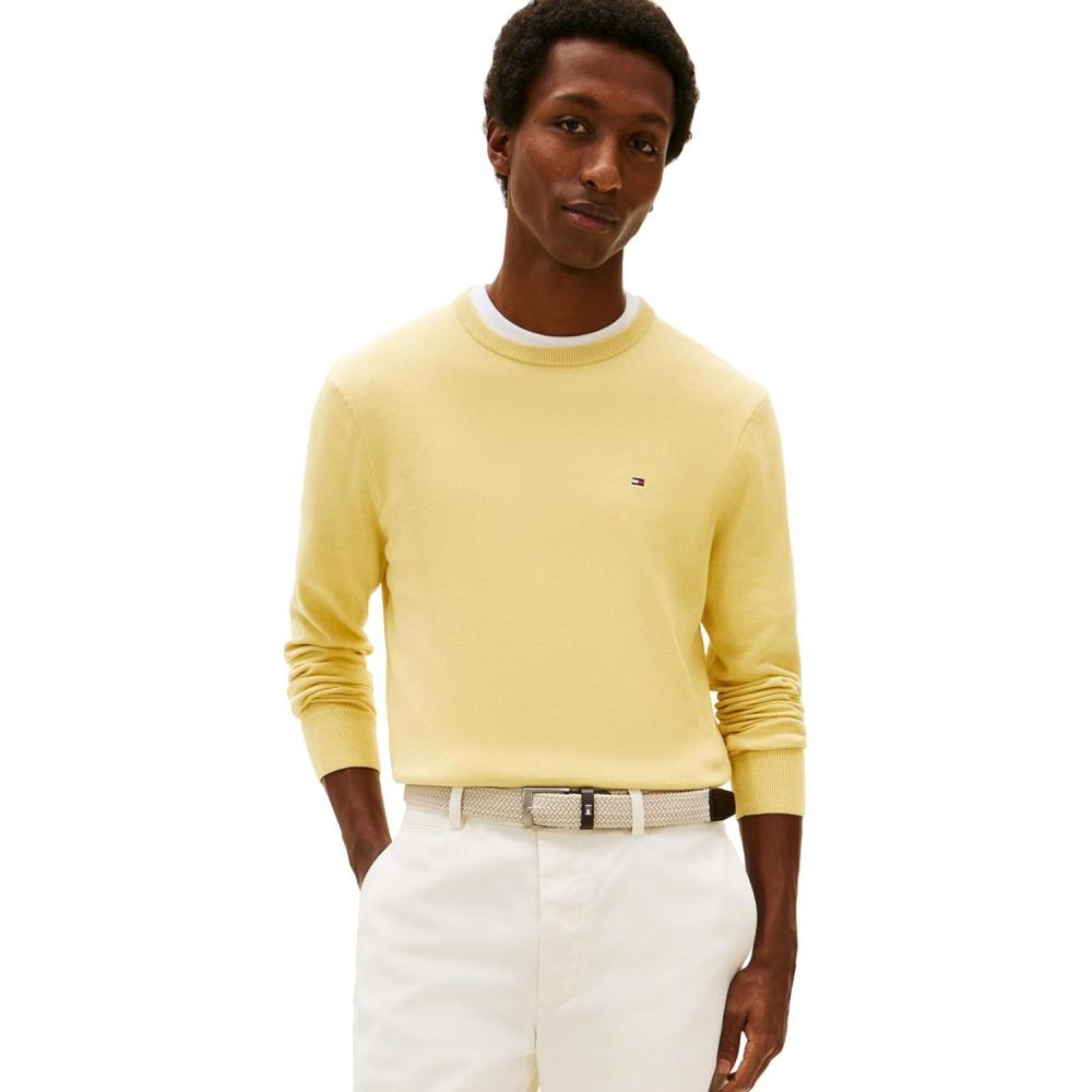 imageTommy Hilfiger Mens Cotton Solid Crewneck Sweater Lightweight Pullover Also Available in Big amp TallCitronella Heather