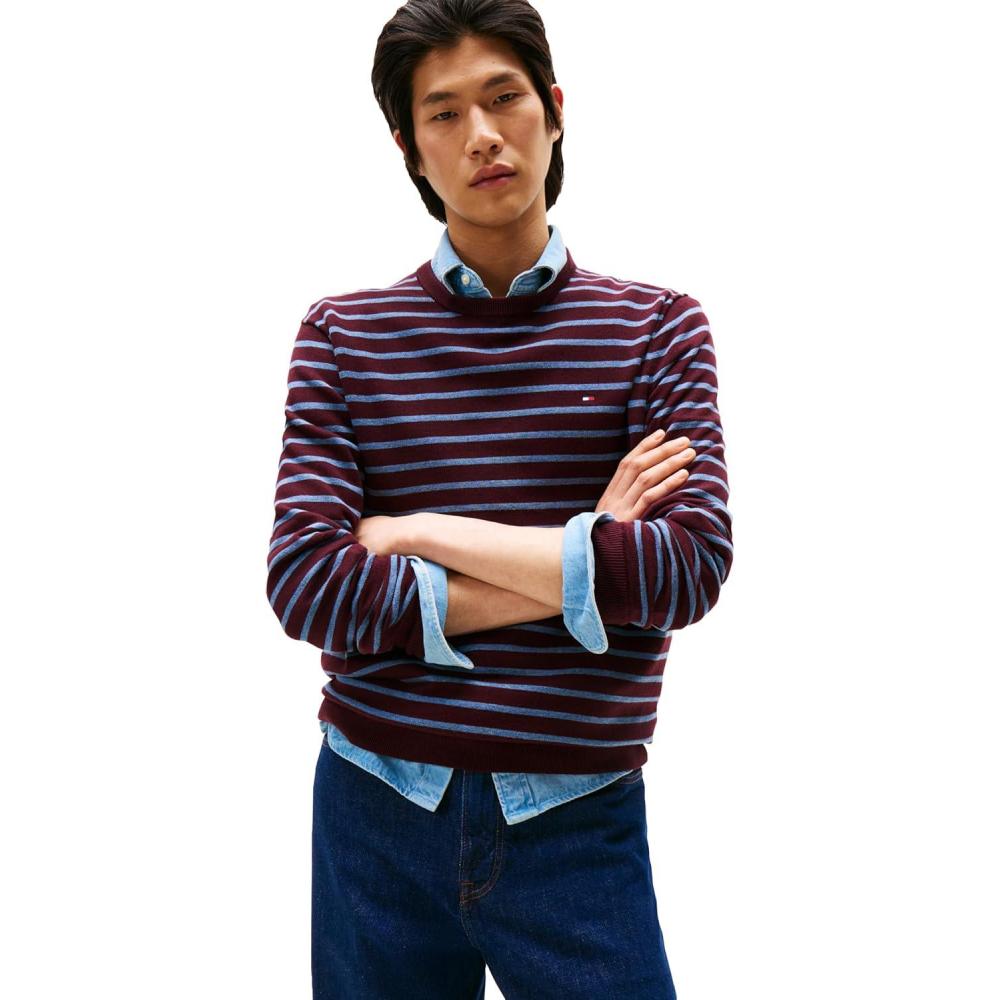 imageTommy Hilfiger Mens Cotton Solid Crewneck Sweater Lightweight Pullover Also Available in Big amp TallDeep BurgundyPetrol Blue Heather