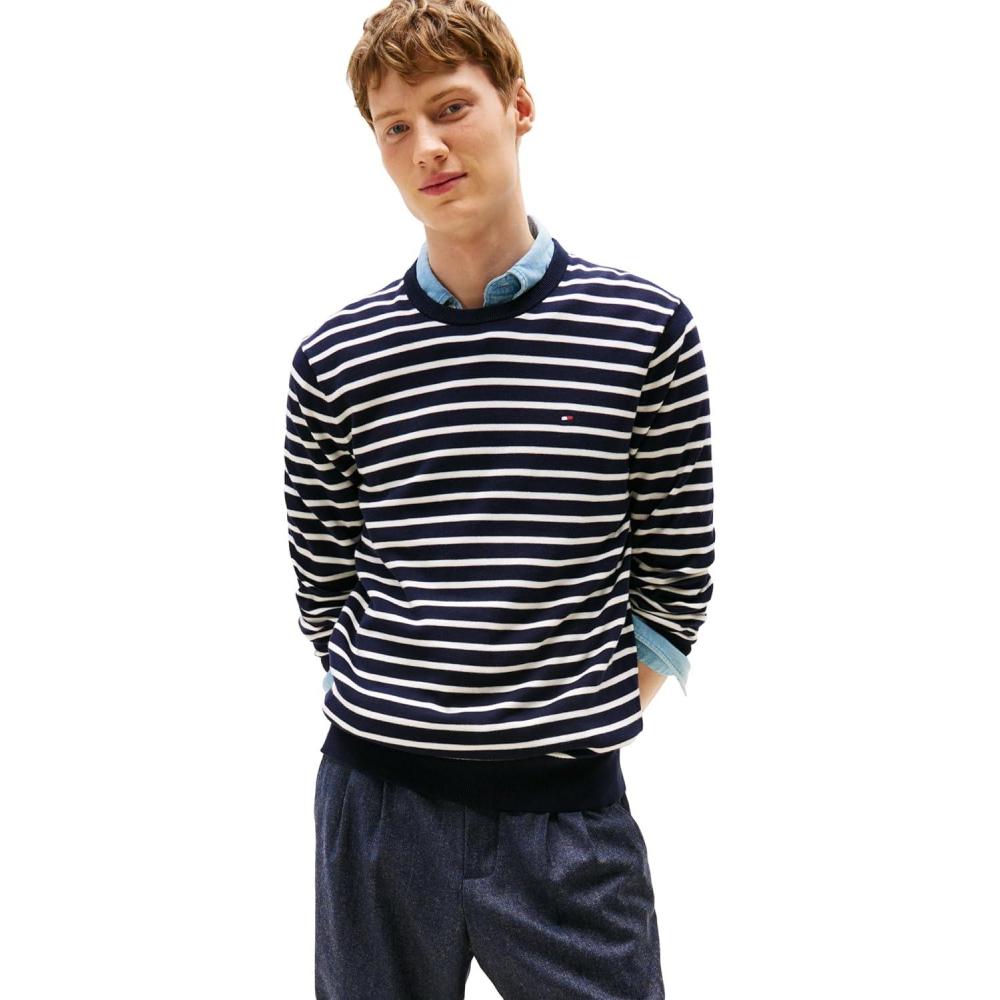 imageTommy Hilfiger Mens Cotton Solid Crewneck Sweater Lightweight Pullover Also Available in Big amp TallDesert SkyIvory