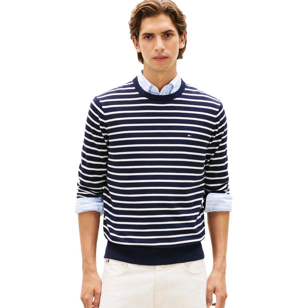 imageTommy Hilfiger Mens Cotton Solid Crewneck Sweater Lightweight Pullover Also Available in Big amp TallDesert SkyIvory Petal