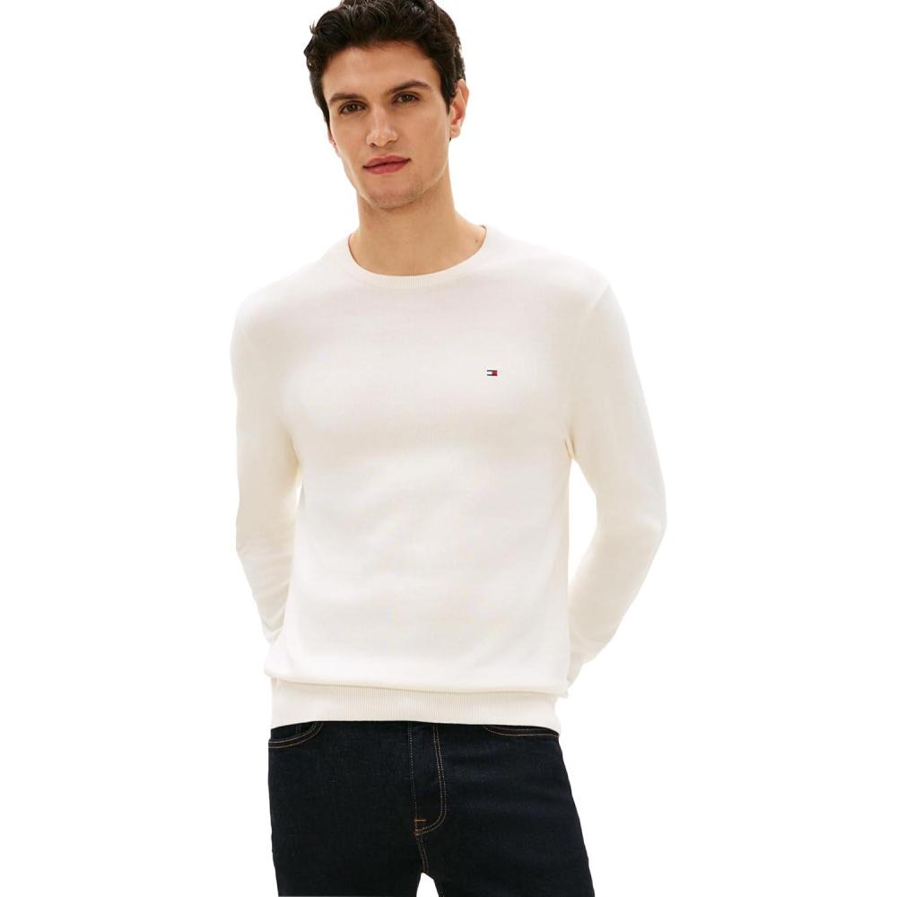 imageTommy Hilfiger Mens Cotton Solid Crewneck Sweater Lightweight Pullover Also Available in Big amp TallIvory Petal