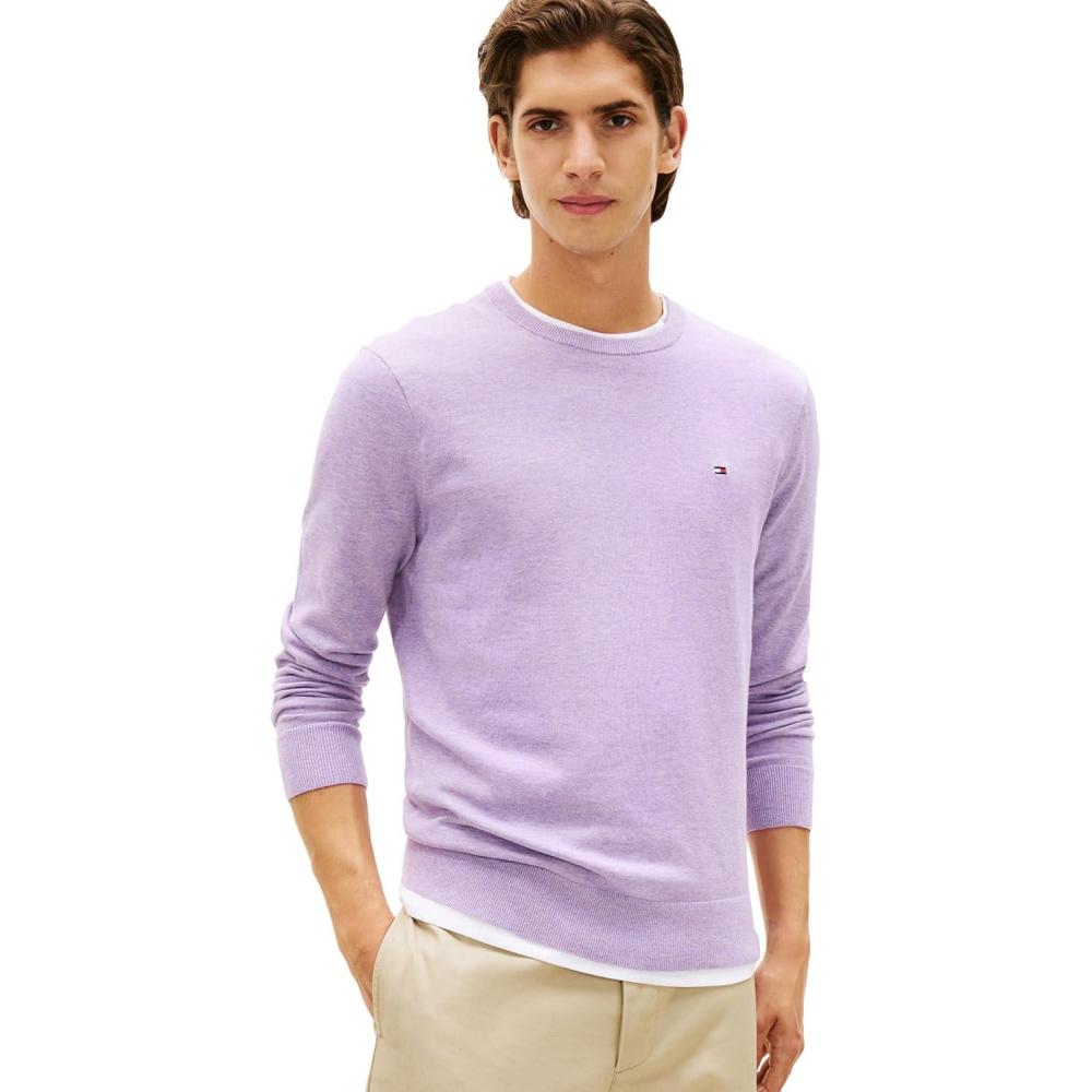 imageTommy Hilfiger Mens Cotton Solid Crewneck Sweater Lightweight Pullover Also Available in Big amp TallLavender Heather