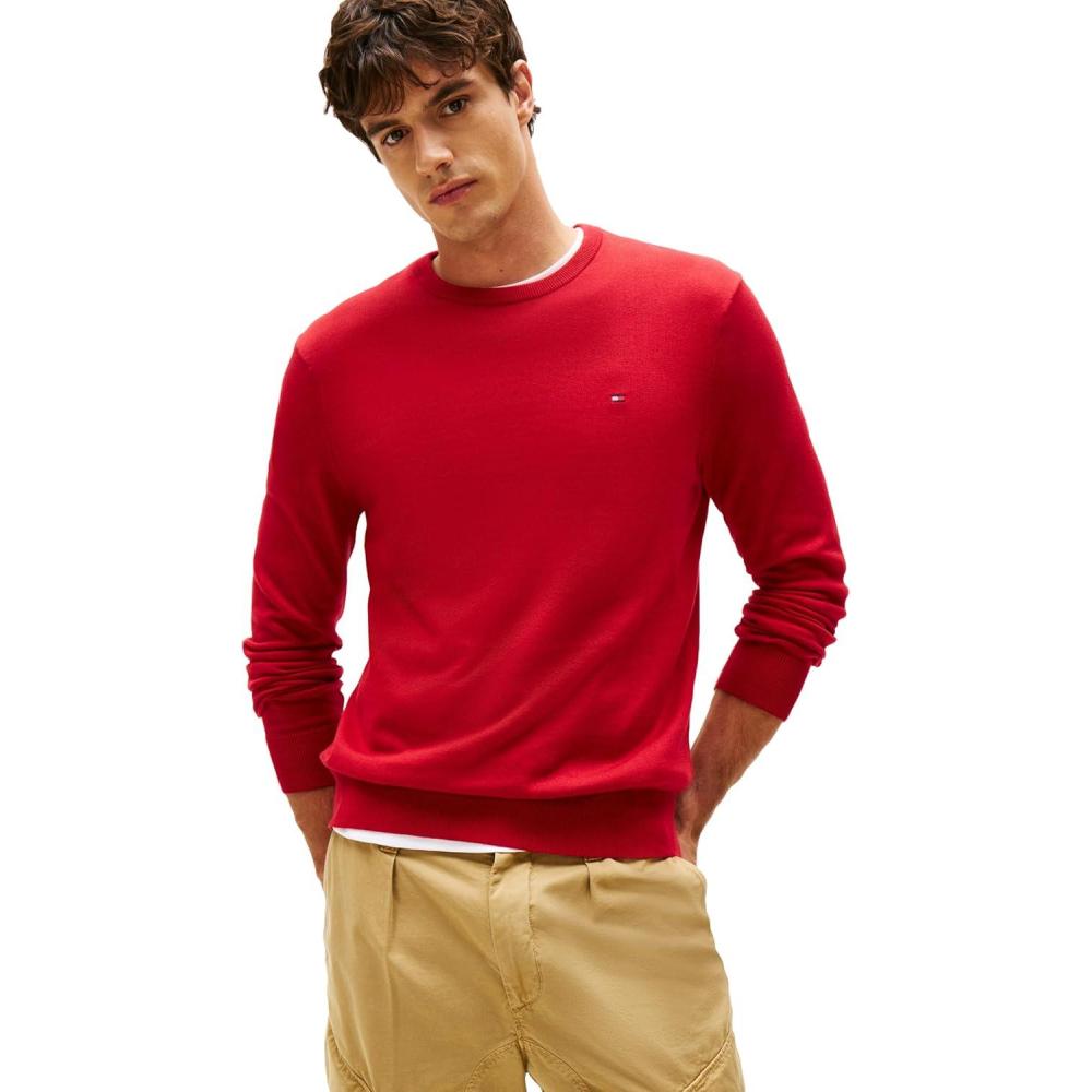 imageTommy Hilfiger Mens Cotton Solid Crewneck Sweater Lightweight Pullover Also Available in Big amp TallMedium Red