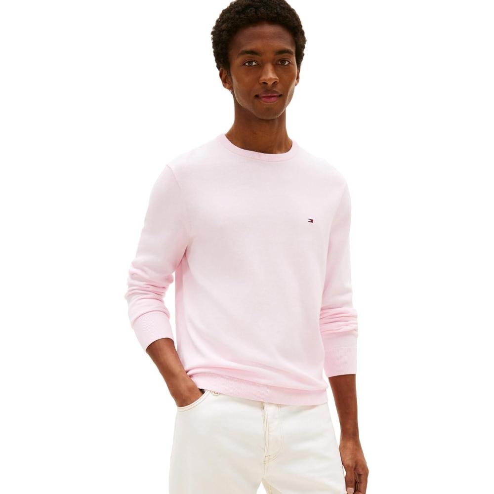 imageTommy Hilfiger Mens Cotton Solid Crewneck Sweater Lightweight Pullover Also Available in Big amp TallPink Lily
