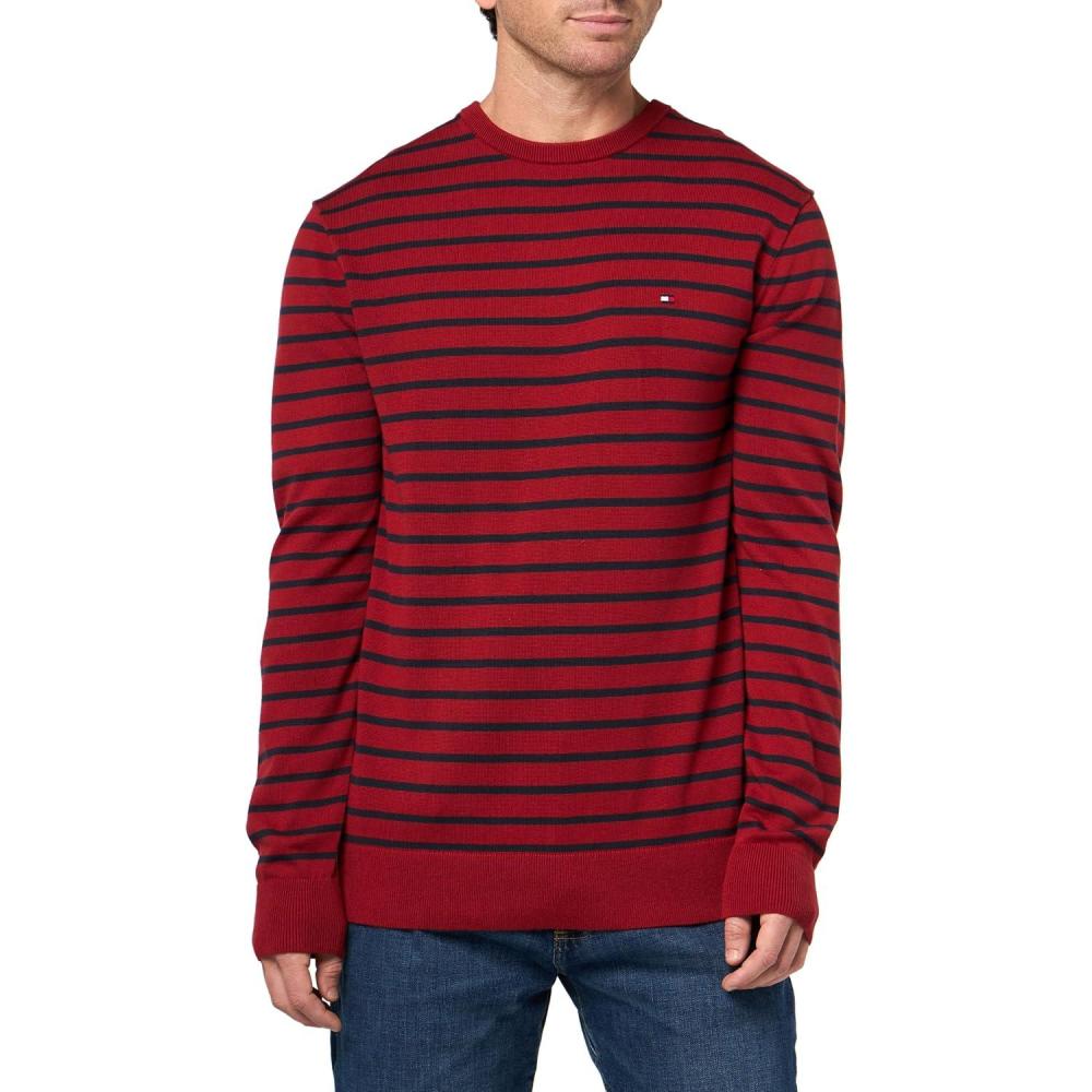 imageTommy Hilfiger Mens Cotton Solid Crewneck Sweater Lightweight Pullover Also Available in Big amp TallRegatta RedDesert Sky