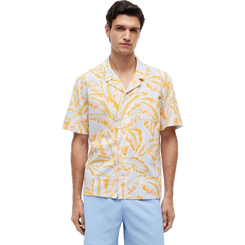 imageTommy Hilfiger Mens Lightweight Short Sleeve Cotton Beach Print Shirt with Pocket Mens Casual Button Down Summer ShirtsVintage Banana Leaf Keepsake Blue