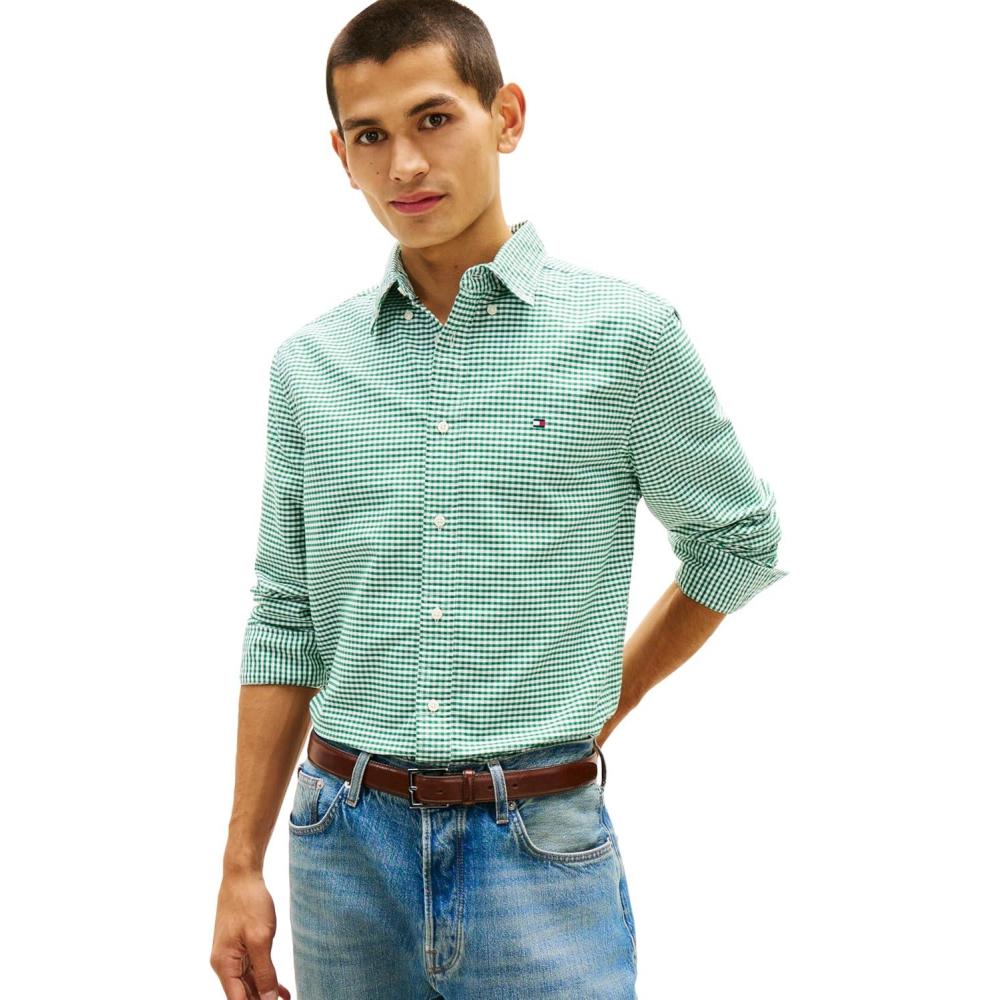 imageTommy Hilfiger Mens Long Sleeve Oxford Shirts in Regular Fit Mens Button Down Shirts Also Available in Big and TallNouveau Green Check