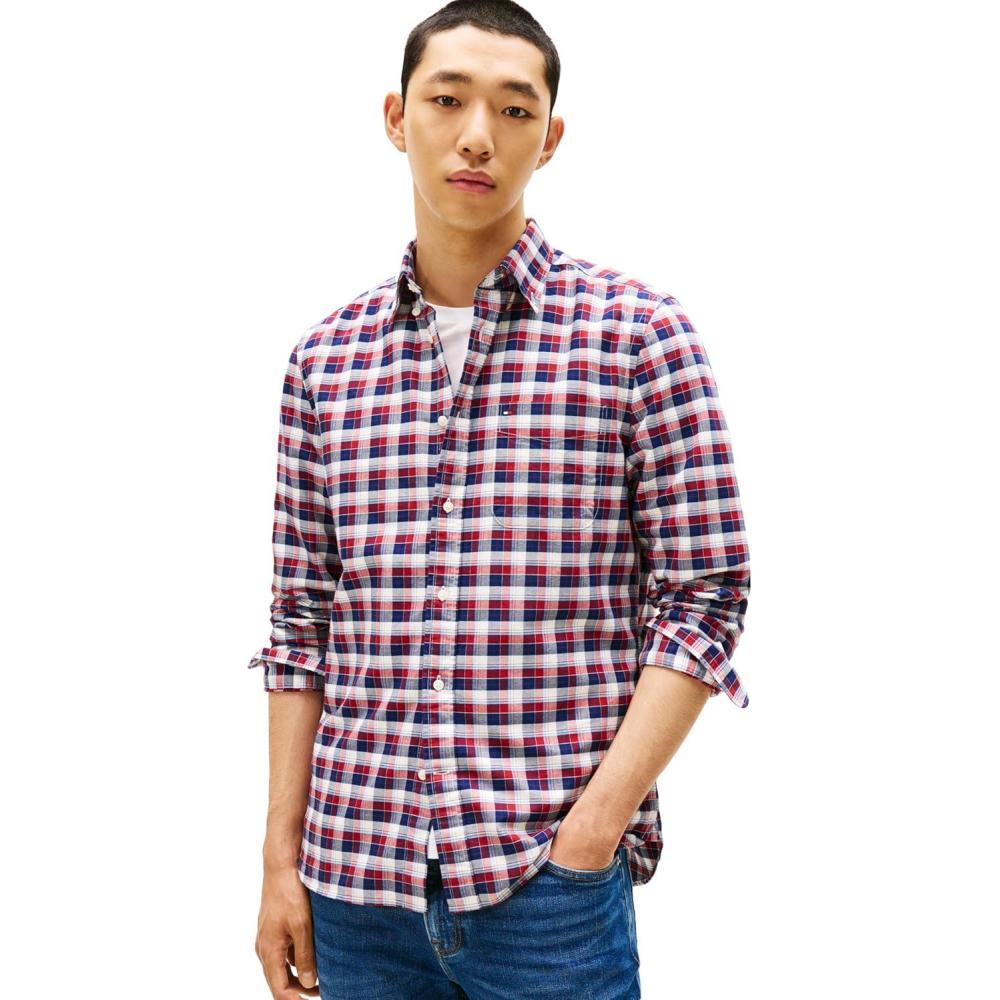 imageTommy Hilfiger Mens Long Sleeve Oxford Shirts in Regular Fit Mens Button Down Shirts Also Available in Big and TallRegatta Red  Navy Check