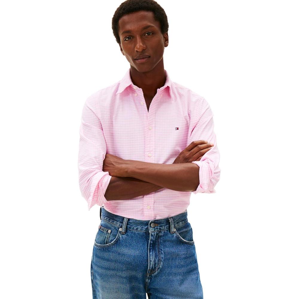 imageTommy Hilfiger Mens Long Sleeve Oxford Shirts in Regular Fit Mens Button Down Shirts Also Available in Big and TallRose Petal Check