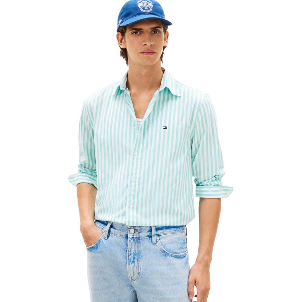 imageTommy Hilfiger Mens Long Sleeve Poplin Shirts in Regular Fit Mens Button Down Shirts Also Available in Big and TallArctic Aqua Stripe
