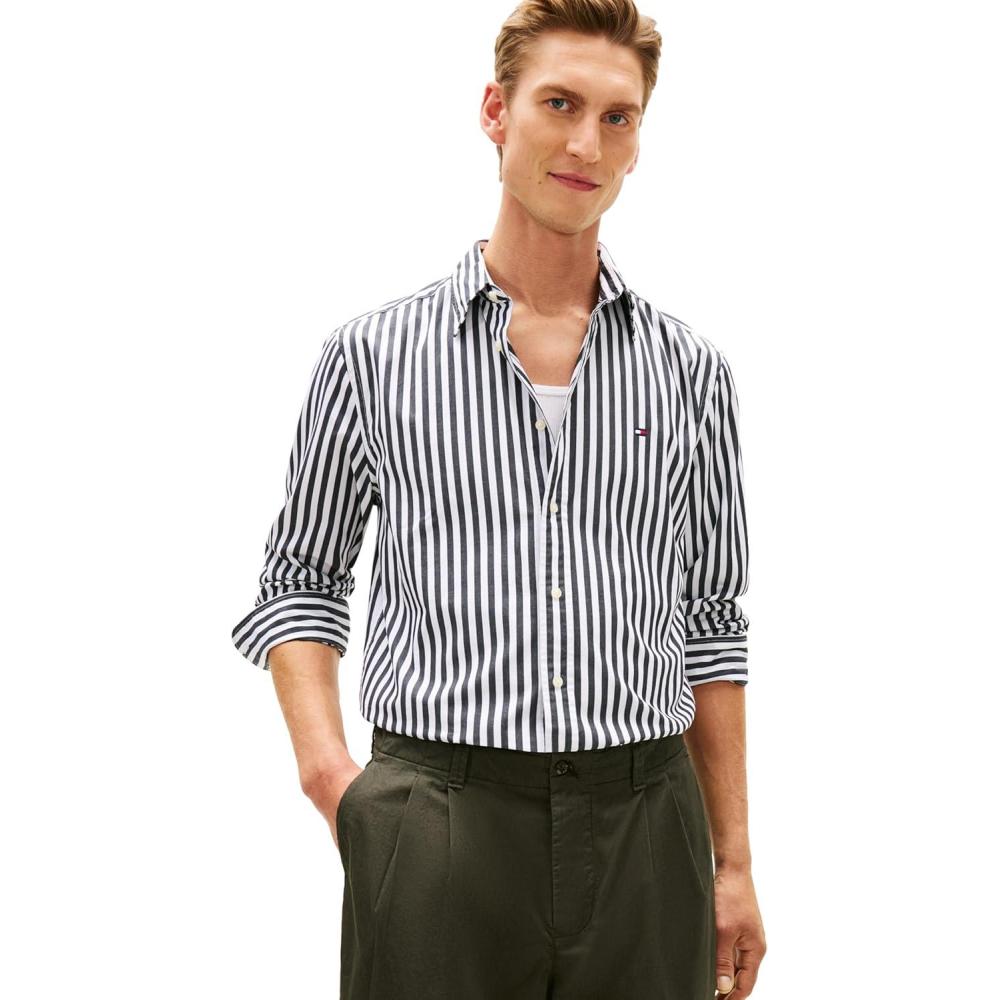 imageTommy Hilfiger Mens Long Sleeve Poplin Shirts in Regular Fit Mens Button Down Shirts Also Available in Big and TallBlack Stripe