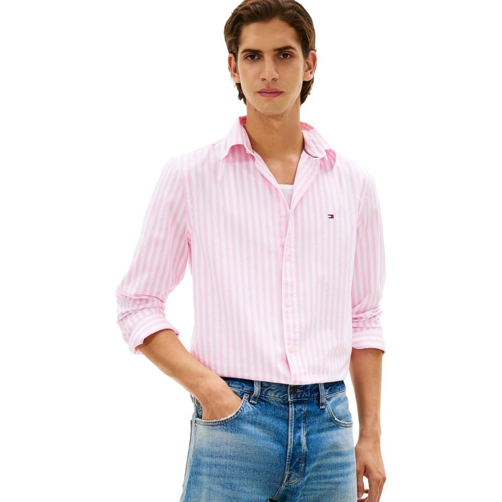 imageTommy Hilfiger Mens Long Sleeve Poplin Shirts in Regular Fit Mens Button Down Shirts Also Available in Big and TallClassic Pink Stripe