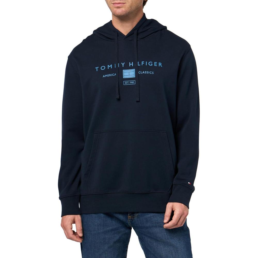 imageTommy Hilfiger Mens Medium Weight Cotton Hoodie Sweatshirt With Printed Stacked Chest GraphicDesert Sky