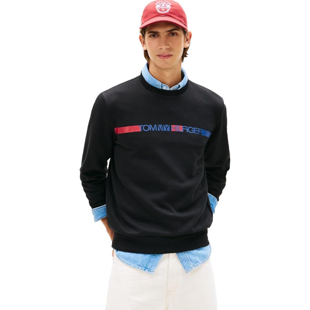 imageTommy Hilfiger Mens Medium Weight Crewneck Pullover Sweatshirt With Printed Stripe Logo GraphicBlack