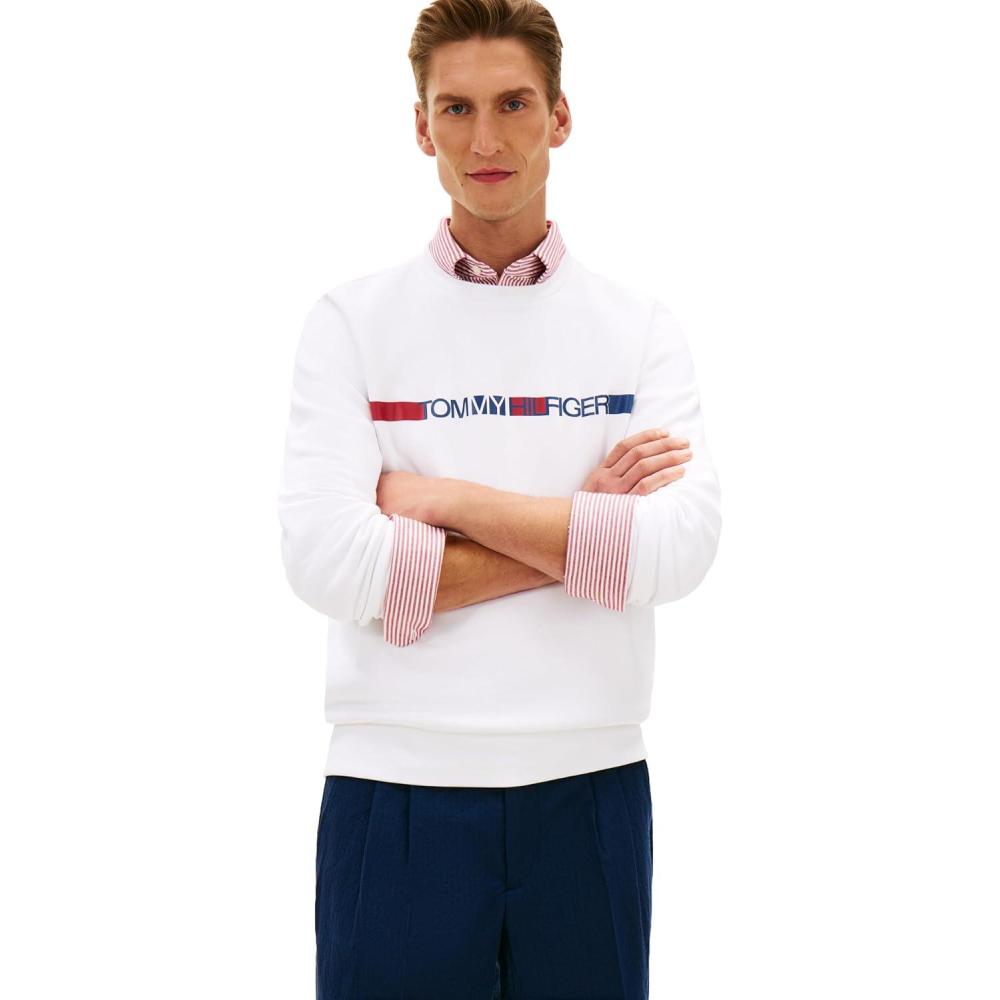 imageTommy Hilfiger Mens Medium Weight Crewneck Pullover Sweatshirt With Printed Stripe Logo GraphicWhite