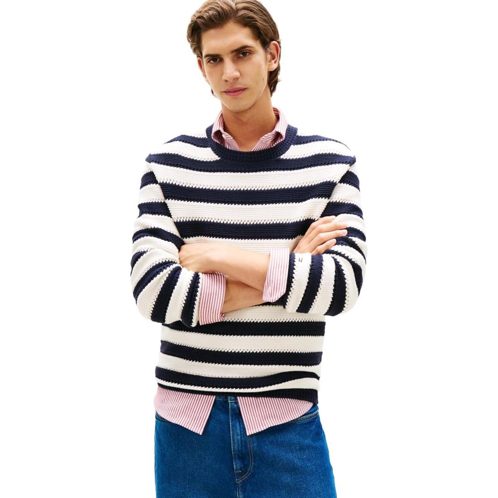 imageTommy Hilfiger Mens Striped Cotton Crochet Long Sleeve Sweater PulloverDesert SkyIvory Petal