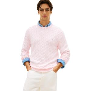 Tommy Hilfiger Men’s Cable Knit Crewneck Sweater Lightweight Pullover(Pink Lily)