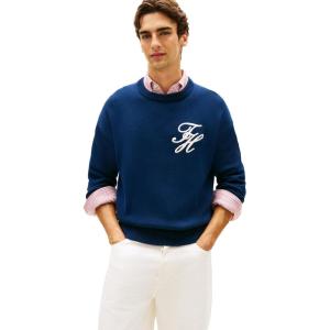 Tommy Hilfiger Men’s Cotton Crewneck Pullover Sweater with Embroidered Script Logo(Carbon Navy)