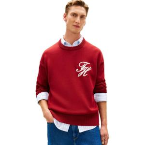 Tommy Hilfiger Men’s Cotton Crewneck Pullover Sweater with Embroidered Script Logo(Regatta Red)