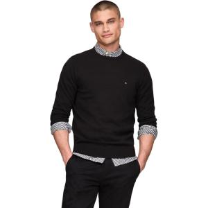Tommy Hilfiger Men’s Cotton Solid Crewneck Sweater Lightweight Pullover, Also Available in Big & Tall(Black)