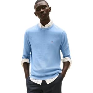 Tommy Hilfiger Men’s Cotton Solid Crewneck Sweater Lightweight Pullover, Also Available in Big & Tall(Brisk Blue)