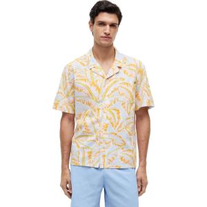 Tommy Hilfiger Men’s Lightweight Short Sleeve Cotton Beach Print Shirt with Pocket, Men’s Casual Button Down Summer Shirts(Vintage Banana Leaf Keepsake Blue)
