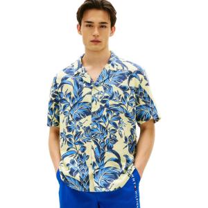 Tommy Hilfiger Men’s Lightweight Short Sleeve Cotton Beach Print Shirt with Pocket, Men’s Casual Button Down Summer Shirts(Vintage Tropical Floral Yellow)