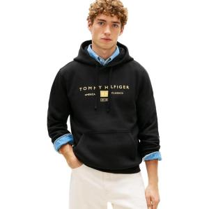 Tommy Hilfiger Men’s Medium Weight Cotton Hoodie Sweatshirt With Printed Stacked Chest Graphic(Black)
