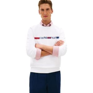 Tommy Hilfiger Men’s Medium Weight Crewneck Pullover Sweatshirt With Printed Stripe Logo Graphic(White)