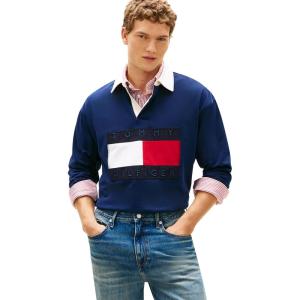 Tommy Hilfiger Men’s Medium Weight Pullover Rugby Sweatshirt With Embroidered Flag Logo(Carbon Navy)