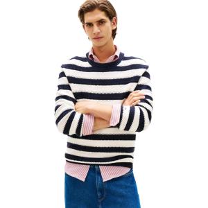 Tommy Hilfiger Men’s Striped Cotton Crochet Long Sleeve Sweater Pullover(Desert Sky/Ivory Petal)