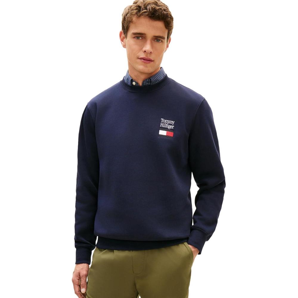 imageTommy Hilfiger Mens Medium Weight Crewneck Pullover Sweatshirt With Embroidered Flag GraphicDesert Sky