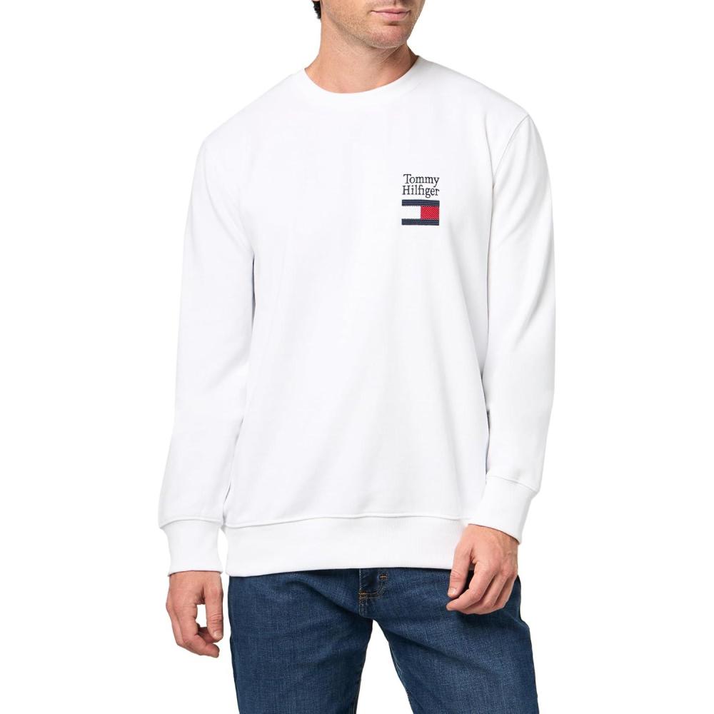 imageTommy Hilfiger Mens Medium Weight Crewneck Pullover Sweatshirt With Embroidered Flag GraphicWhite