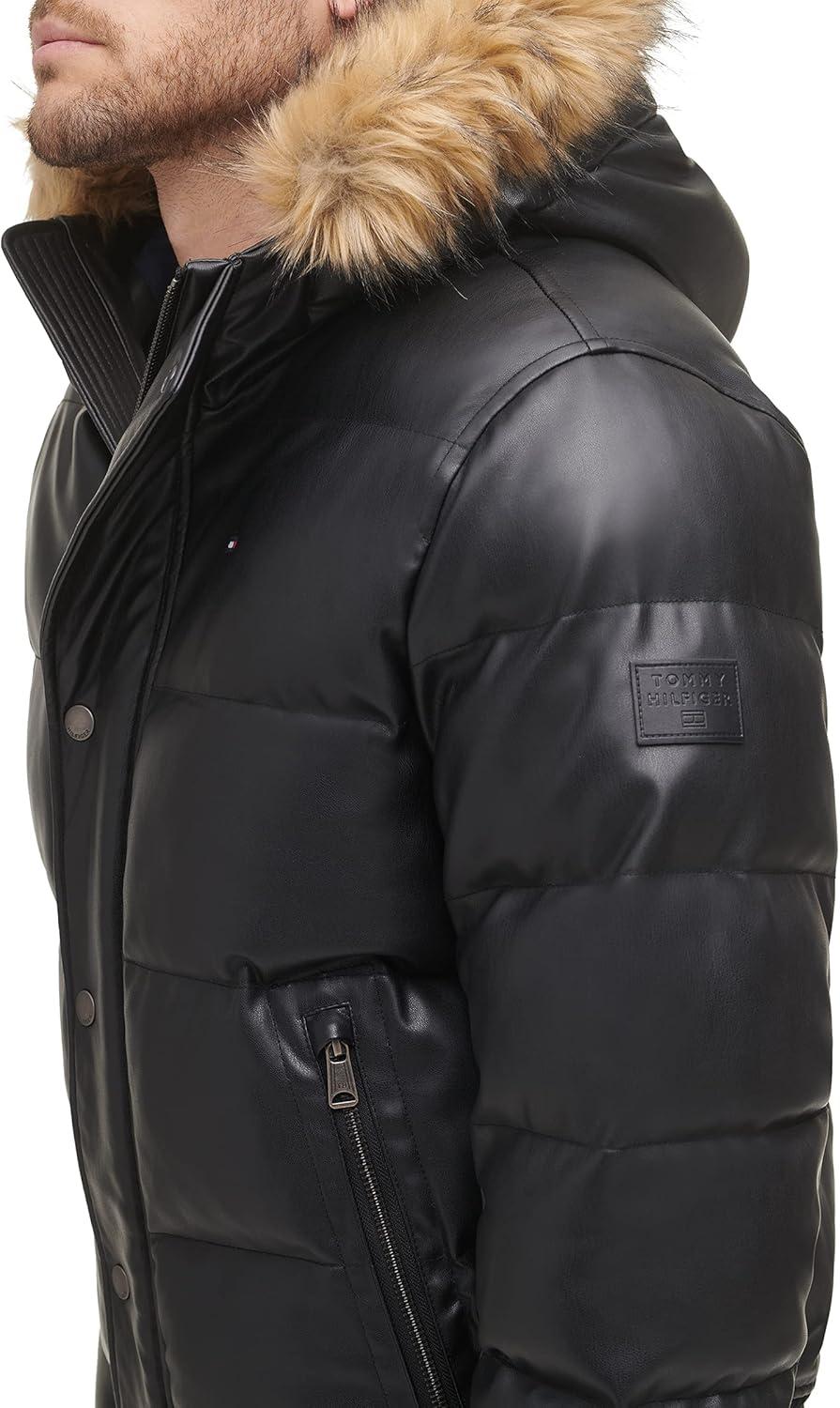 imageTommy Hilfiger Mens Arctic Cloth Quilted Snorkel Bomber Jacket Standard and Big amp TallBlack Faux Leather
