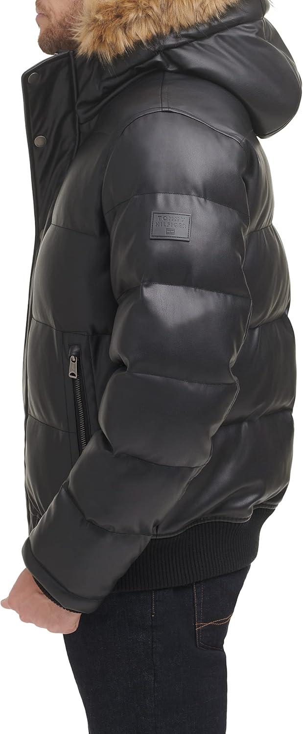 imageTommy Hilfiger Mens Arctic Cloth Quilted Snorkel Bomber Jacket Standard and Big amp TallBlack Faux Leather