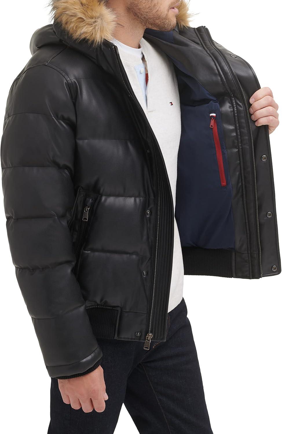 imageTommy Hilfiger Mens Arctic Cloth Quilted Snorkel Bomber Jacket Standard and Big amp TallBlack Faux Leather