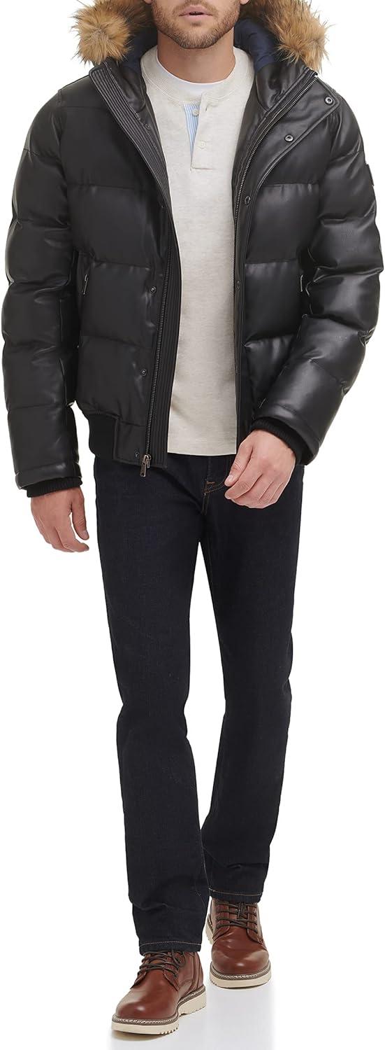 imageTommy Hilfiger Mens Arctic Cloth Quilted Snorkel Bomber Jacket Standard and Big amp TallBlack Faux Leather