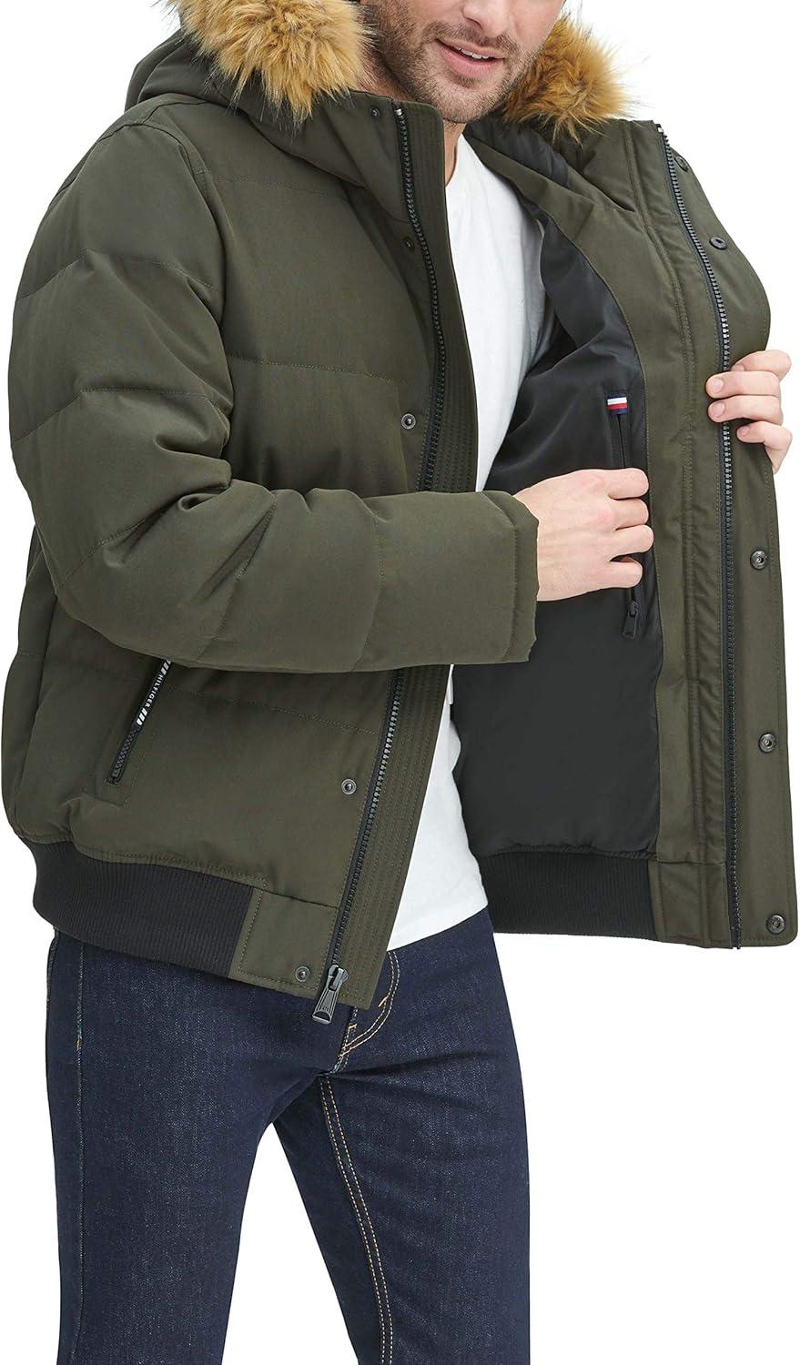 imageTommy Hilfiger Mens Arctic Cloth Quilted Snorkel Bomber Jacket Standard and Big amp TallDark Forest