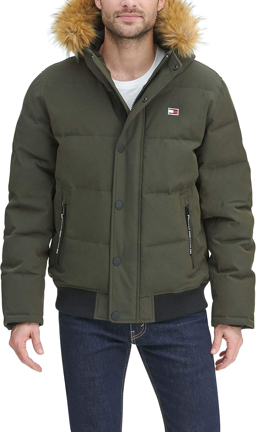 imageTommy Hilfiger Mens Arctic Cloth Quilted Snorkel Bomber Jacket Standard and Big amp TallDark Forest