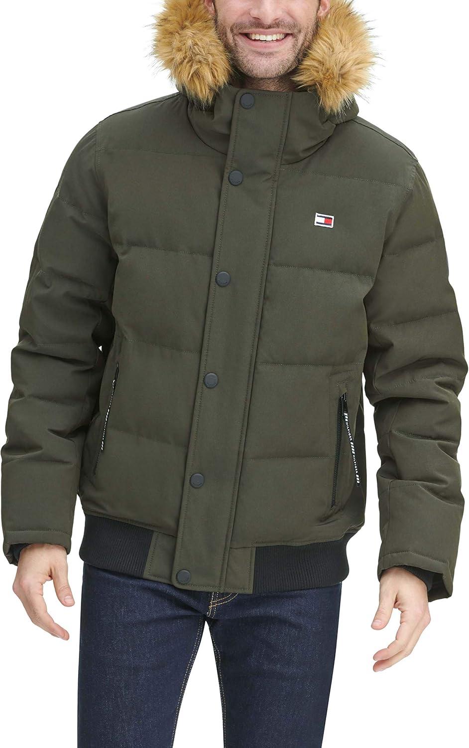 imageTommy Hilfiger Mens Arctic Cloth Quilted Snorkel Bomber Jacket Standard and Big amp TallDark Forest