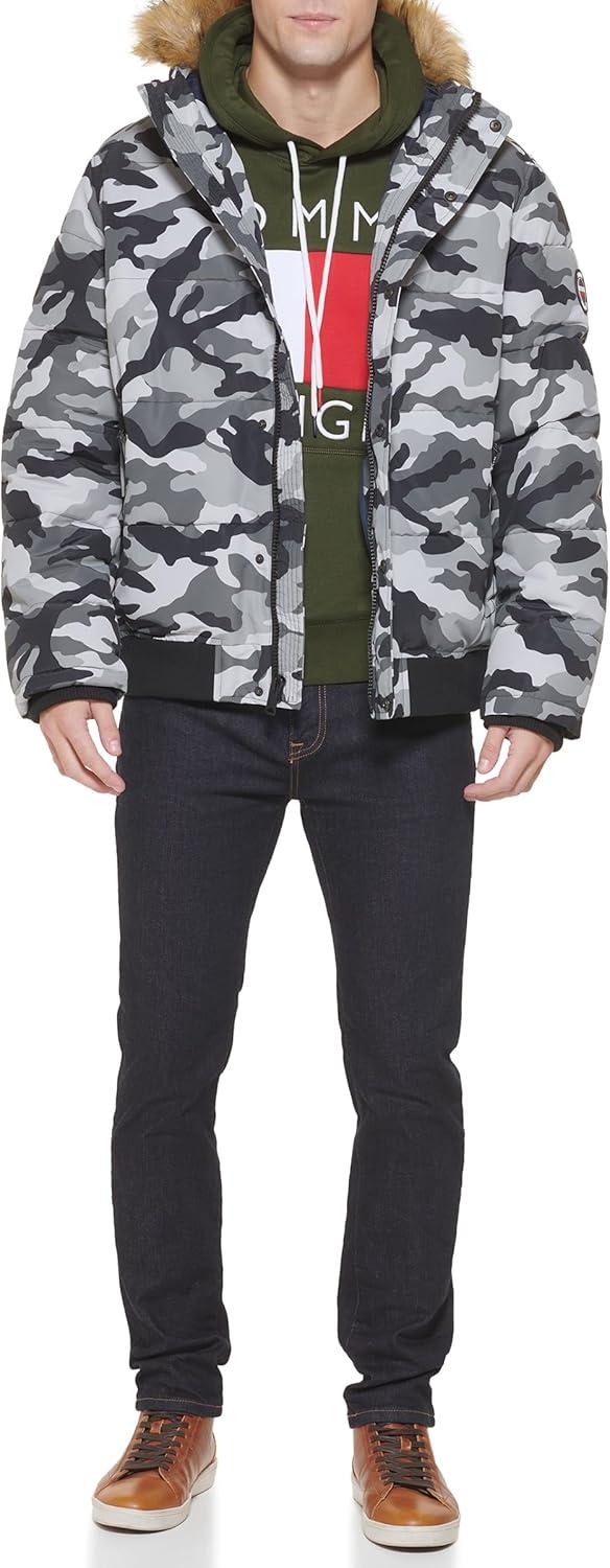 imageTommy Hilfiger Mens Arctic Cloth Quilted Snorkel Bomber Jacket Standard and Big amp TallGrey Camo
