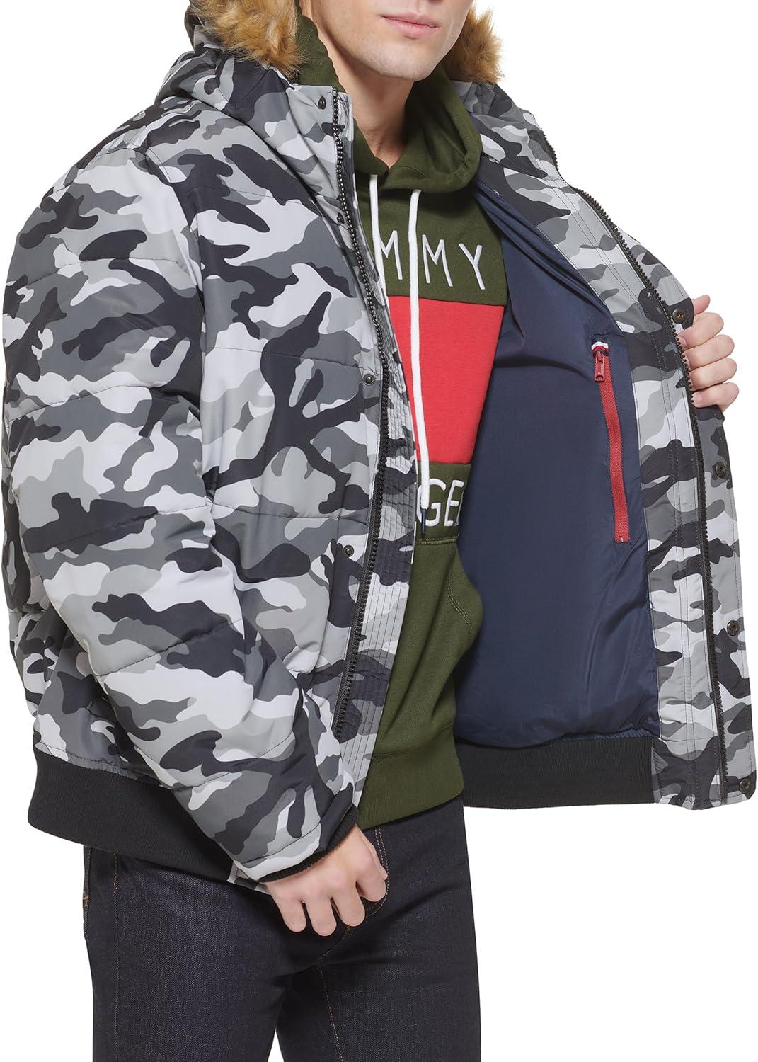 imageTommy Hilfiger Mens Arctic Cloth Quilted Snorkel Bomber Jacket Standard and Big amp TallGrey Camo