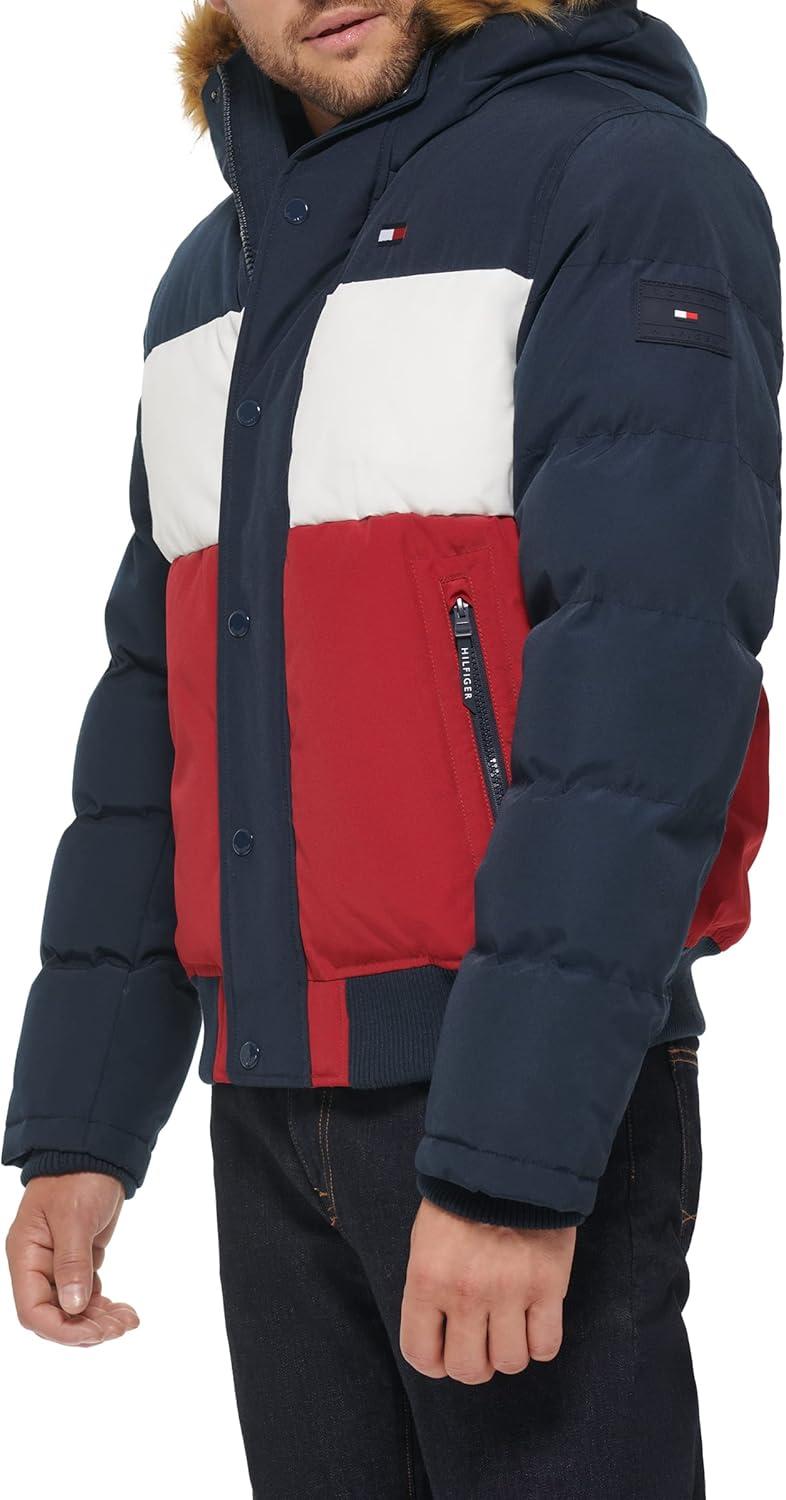 imageTommy Hilfiger Mens Arctic Cloth Quilted Snorkel Bomber Jacket Standard and Big amp TallMidnightIceRed
